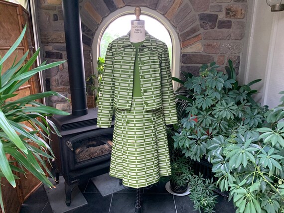 Vintage 1970s Green Beige Double Knit Dress with M