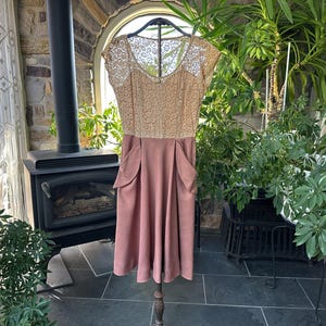 Vintage 1950s Lace and Linen Fit and Flare Dress