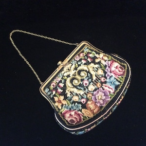 Antique 1930s Petit Point Purse Etched Gold Frame Austria, Antique Needlepoint Bag, Antique Petitpoint Bag, Black Floral Petit Point Purse