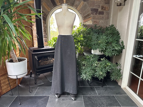 Vintage 1970s Black and Silver Metallic Knit Maxi… - image 1