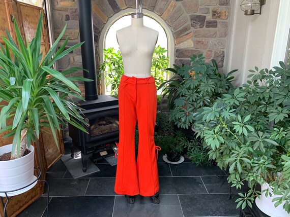 Vintage 1970s Orange Knit Bell Bottom Lace Up Pant