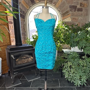 Vintage 1990s Gunne Sax Turquoise Blue Satin Embroidered Sequin Spaghetti Strap Dress Jessica McClintock, Nineties Flirty Party Dress