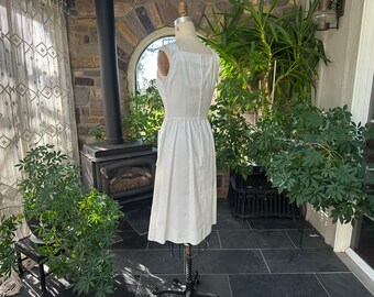 Vintage 1970s White Summer Cotton Blend Dress Country Miss, Vintage Seventies Sleeveless Dress