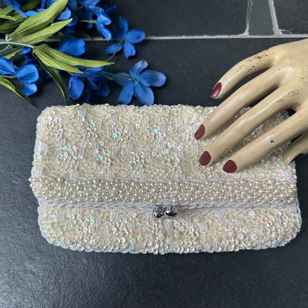 Vintage 1980s Ivory Satin Pearl Sequin Bead Folded Clutch Bag, Vintage Beaded Bridesmaid Prom Mother of the Bride Purse Made in Hong Kong