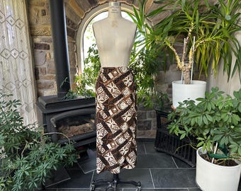 Vintage 1990s Brown Ivory and Black Tiki Design Linen/Cotton Wrap Skirt