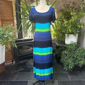 Vintage 1990s Blue and Green Ombre Print Rayon Maxi Dress Back Tie Jeffrey & Dara, Vintage Nineties Shift Dress