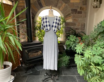 Vintage 1990s Blue and White Check Midi Dress Bentley, Vintage Nineties Blue Checker Print Dress with Faux Front Jacket