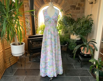 Vintage 1970s Pastel Floral Halter Maxi Dress Arjon California, Vintage Flowing Halter Seventies Dress