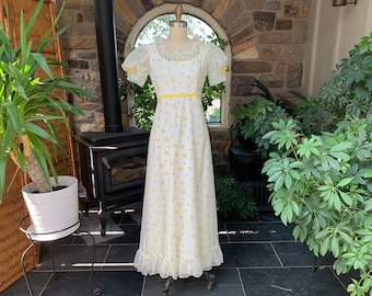 Vintage 1960s White with Yellow Flocked Floral Dress with Velvet Accents Sylvia Ann, Vintage Sixties Yellow Flocked Rose Full Length Dress