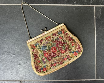 Vintage Beige Colorful Floral Petit Point Purse Mother of Pearl and Gold Frame, Ivory Flower Petitpoint Bag