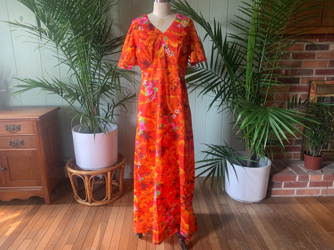 Vintage 1970s Orange Floral Hawaiian Luau Maxi Dress Royal Hawaiian - Etsy