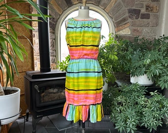 Vintage 1960s Colorful Sleeveless Striped Silk Summer Dress Eloise Curtis for David Styne