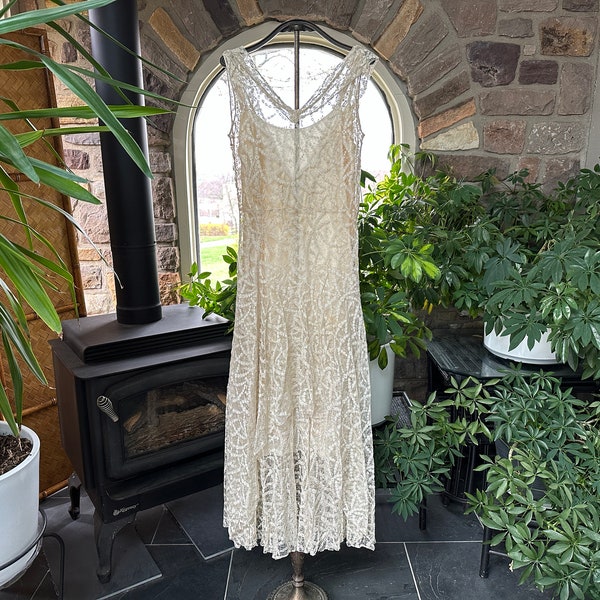 Antique 1920s Wedding Dress Ivory Cotton Lace over Ivory Silk Satin Crepe Slip, Antique Wounded Bird Dress
