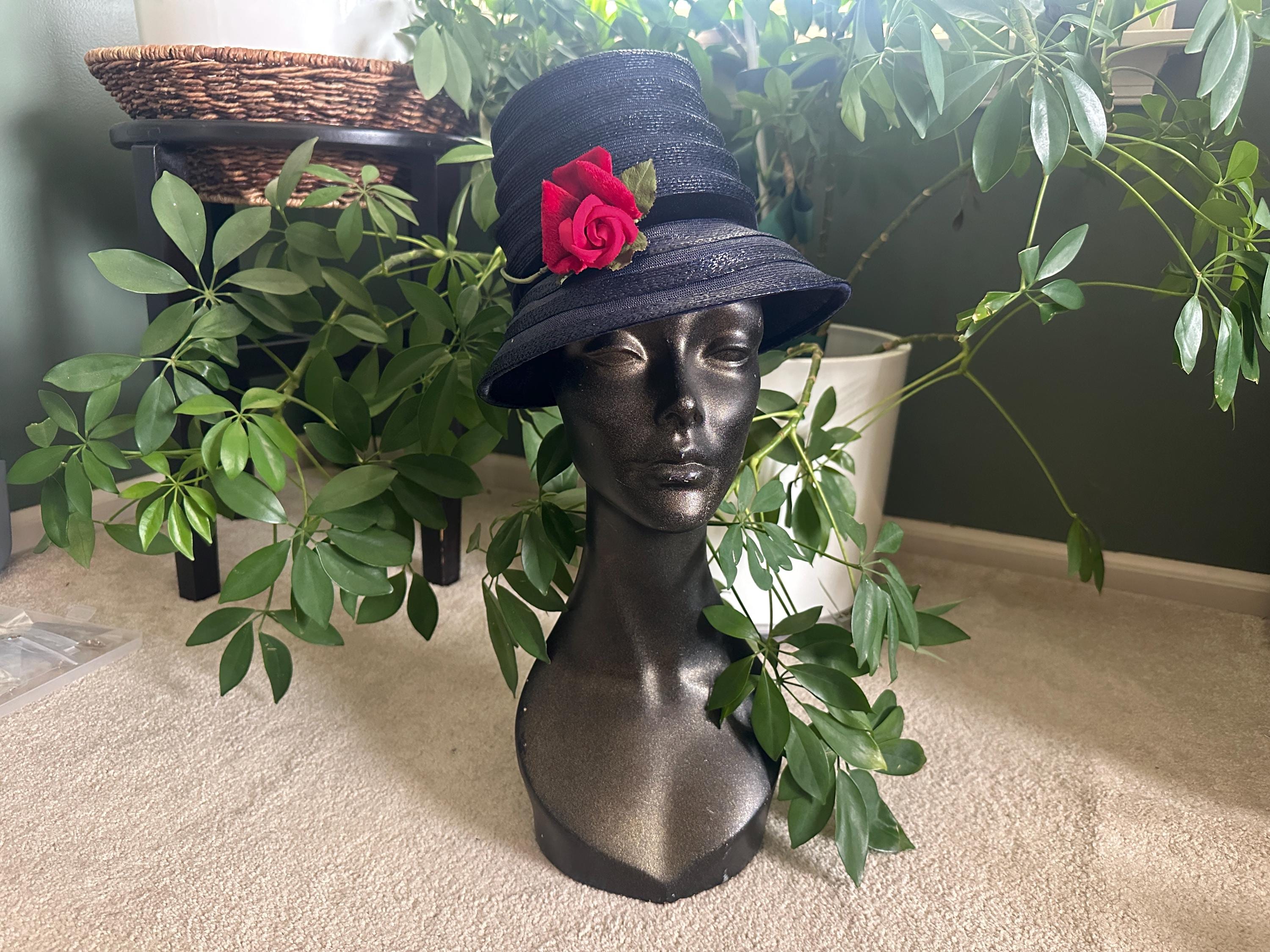Vintage Marche Exclusive Black Cellophane Cocktail Hat Pink Rose Birdcage Veil Marche Exclusive Hat - Etsy main image 4