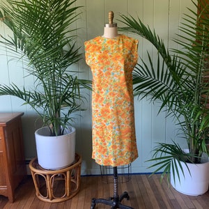Vintage 1960s Sleeveless Orange Floral Jersey Knit Shift Dress, Vintage Sixties Handmade Clothing image 1