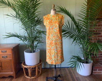 Vintage 1960s Sleeveless Orange Floral Jersey Knit Shift Dress, Vintage Sixties Handmade Clothing