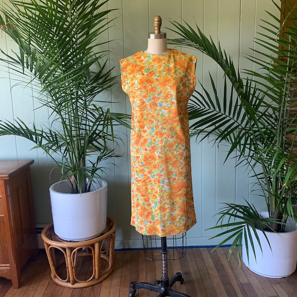 Vintage 1960s Sleeveless Orange Floral Jersey Knit Shift Dress, Vintage Sixties Handmade Clothing