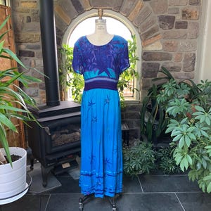 Vintage 1990s Turquoise Blue and Purple Floral Print Dress Back Tie Just in Thyme Ltd