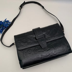 Vintage Black Tooled Leather Shoulder Bag or Top Handle Handbag, Vintage Black Tooled Stamped Leather Purse