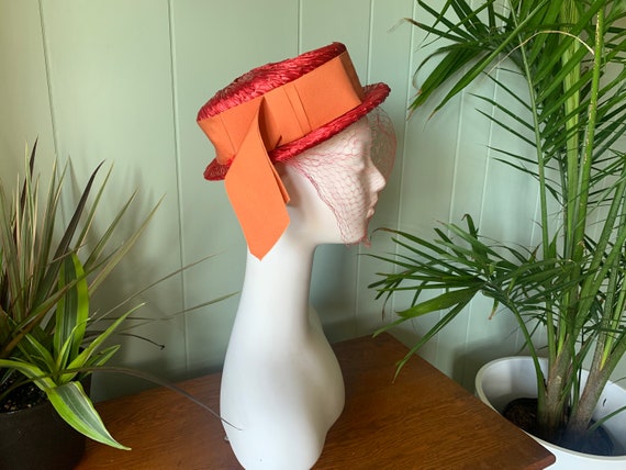 Vintage 1960s Woven Red Straw Wide Orange Grosgra… - image 7