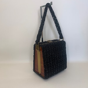 Vintage 1940s Black Cord and Bead and Lucite Top Handle Box Handbag, Vintage Black Cord Crocheted  Truck Bag, Vintage Crocheted Handbag