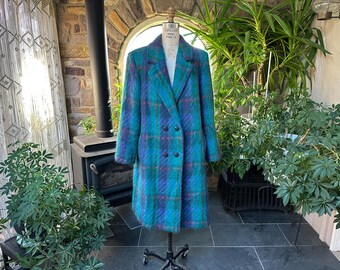 Vintage 1980s Turquoise and Blue Mohair and Wool Double Breasted