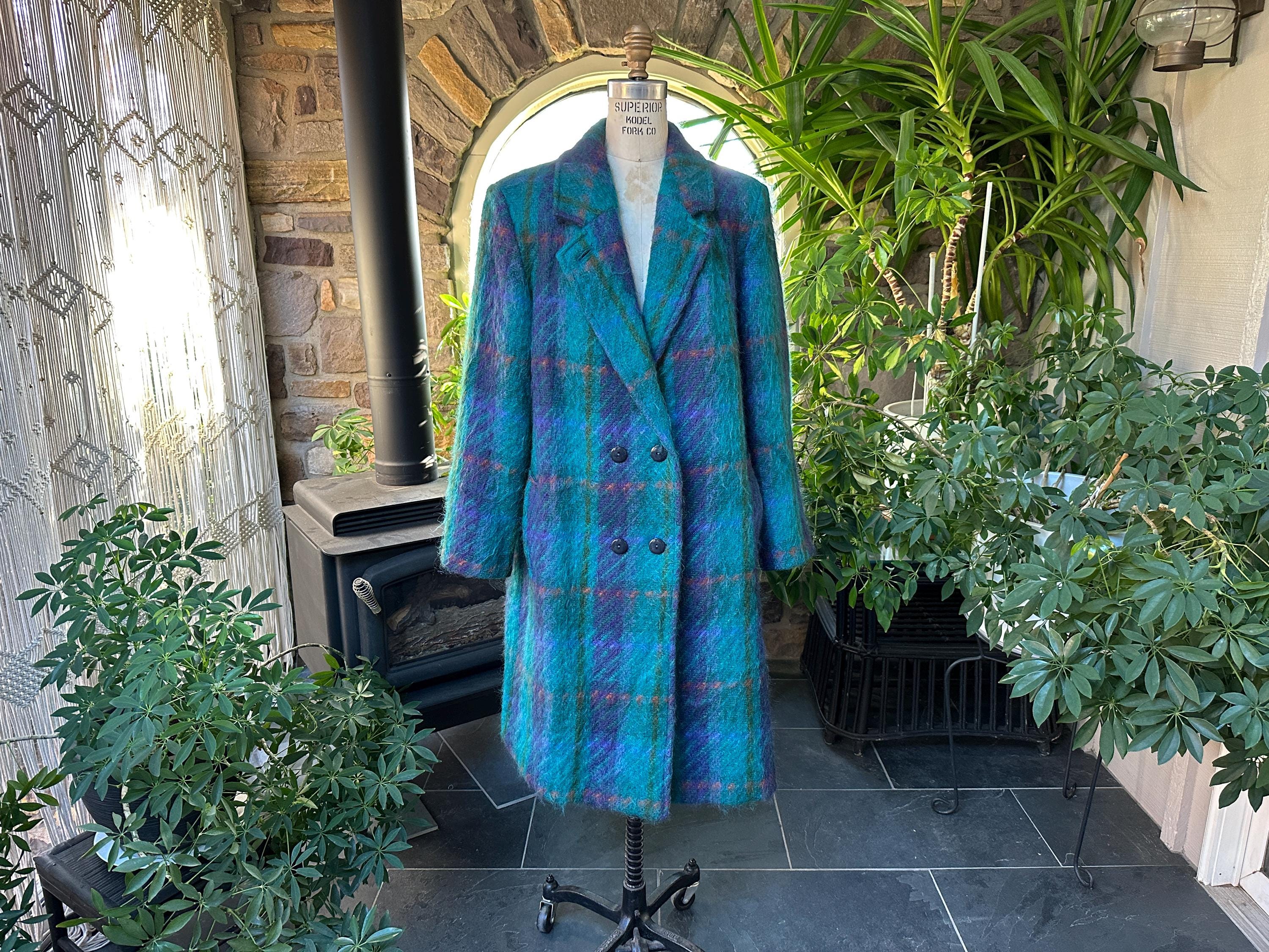 Vintage 1980s Turquoise and Blue Mohair and Wool Double Breasted
