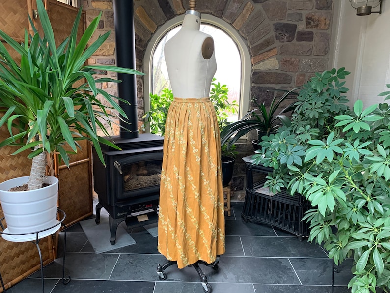 Vintage Golden Silk with Green Beige Floral Embroidery Full Length Maxi Skirt Embroidered Silk Hostess Skirt