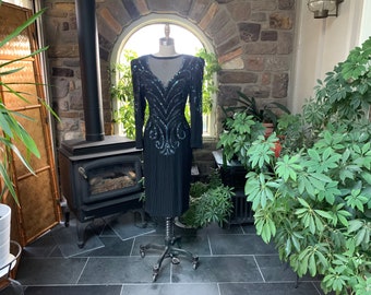 Vintage 1980s Black Bead and Sequin Silk Formal Dress, Vintage Black Tie Evening Dress, Eighties Party Cocktail Dress