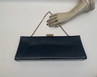 Vintage 1960s Oversized Black Faux Leather Handbag Gold Hardware Chain Aetna USA