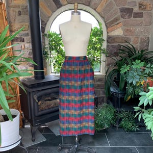 Vintage 1980s Dark Red Blue Yellow Green Plaid Wool Skirt, Vintage Clothing, Vintage Below the Knee Plaid Skirt