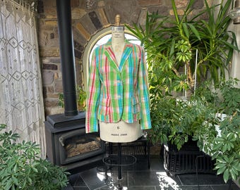 Vintage 1990s Pastel Plaid Cotton Seersucker Jacket Izod