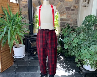 Vintage Woolrich Buffalo Red Black Rutig jaktbyxa från 1950-talet, Woolrich vinterbyxor i ull, rödrutiga