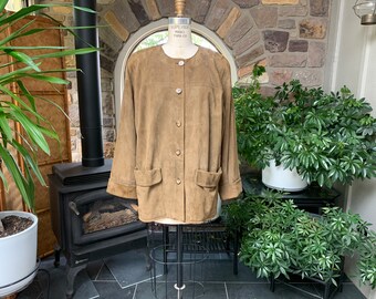 Vintage 1980s Does 1960s Light Brown Suede Collarless Thigh Length Jacket Button Front Dita Martin Design