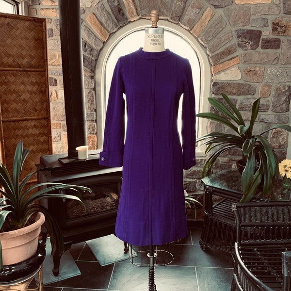 Vintage 1960s Purple Wool Knit Dress Kimberly 100% Pure Wool, Long Sleeve Form Fitting Wool Dress