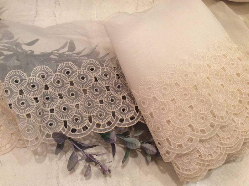 Vintage Craft Supplies Vintage Lace Vintage Wide Ivory Nylon Lace with Swirl Embroidery- Scalloped Edge Lace Vintage Sewing Supplies