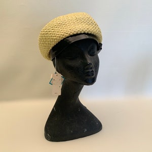 Vintage 1960s Yellow Straw Hat with Black Shiny Plastic Bow Band NOS with Tags Sears Millinery, Vintage Sixties Mod Fashion Hat