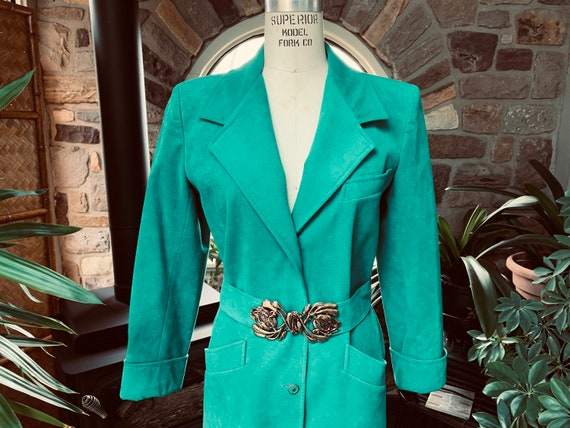 Vintage 1980s Green Ultra Suede Belted Coat or Dr… - image 2