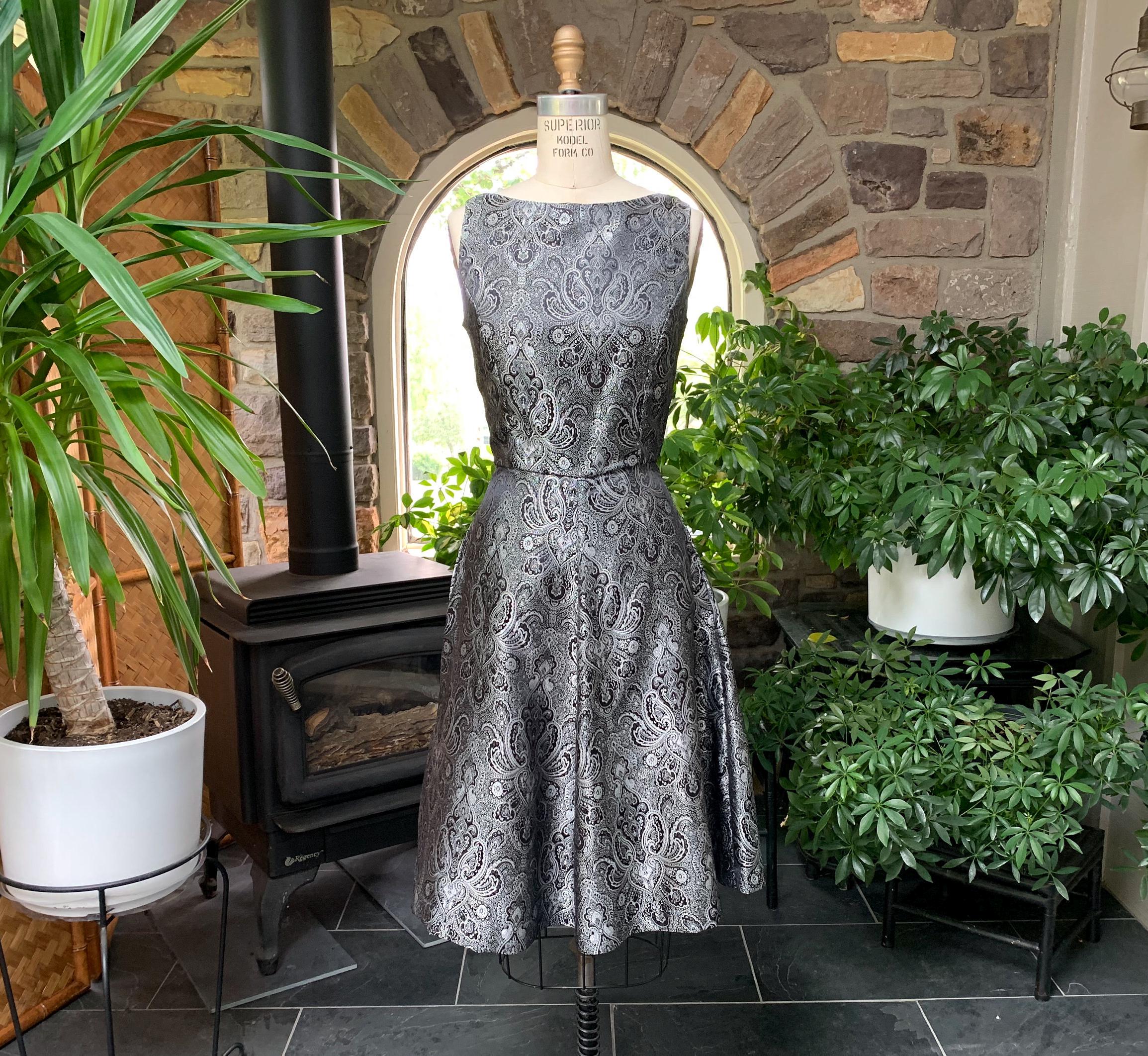 Vintage Paisley Black and Metallic Silver Satin Fit and Flare Formal Dress
