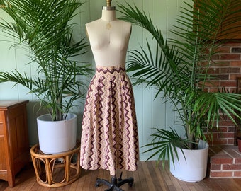 Vintage 1950s Brown Yellow Tan Zigzag Print Cotton Skirt, Fifties Clothing, 50s Pleated Skirt