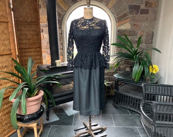 Vintage 1980s Black Lace Dress Lace Bodice and Flounce with Silky Skirt Kappi, Vintage Little Black Dress