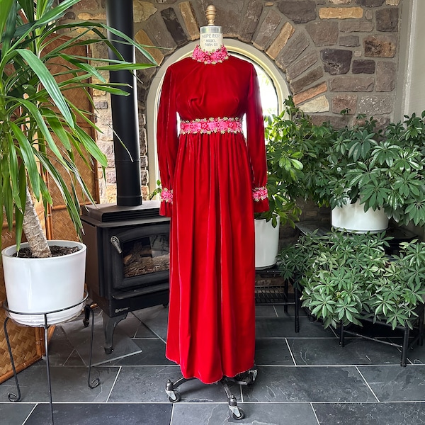 Vintage 1960s Red Cotton Velvet Long Sleeve Floral Trim Maxi Dress, Vintage Bohemian Red Velvet Bridesmaid Empire Waist Dress