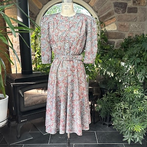 Vintage 1970s Muted Blue Green and Maroon Floral Polyester Belted Dress California Looks, Vintage Seventies Academia Dress