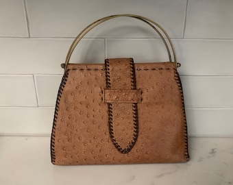 Vintage 1960s Tan Ostrich Leather Top Handle Handbag, Vintage Sixties Textured Purse, Vintage Brown Textured Pocketbook