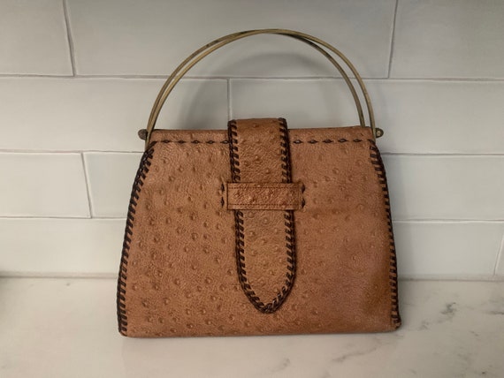 Sac à Main Vintage En Cuir D'autruche Gris - Fermoir Loquet, Doré, Taille Moyenne