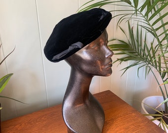 Vintage Amy New York Black Velvet Tam Hat Church Beret Bow  display picture 2