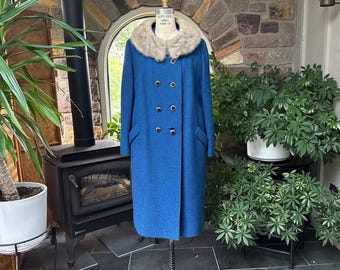 Vintage 1950s Double Breasted Blue Wool Coat With Silver
