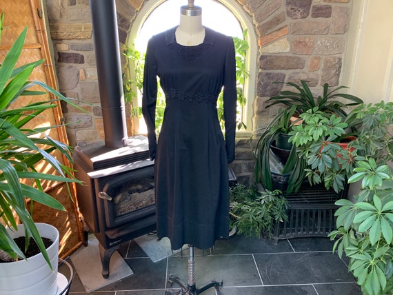 Vintage 1970s Black Wool Dress Lace and Satin Tri… - image 1