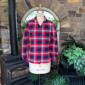 Vintage 1970s Red White and Blue Plaid Shirt Blazer, Vintage Seventies Plaid Long Sleeve Shirt Jacket