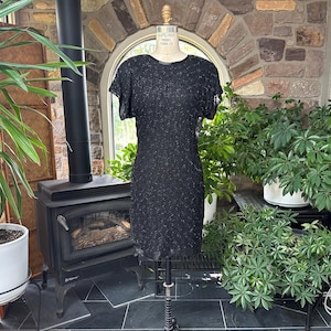 Vintage 1980s Black Glitter Silk Formalna Suknia Stenay, Vintage Black Tie Wieczorowa Suknia, Eighties Ramiona Pad Party Cocktail Dress